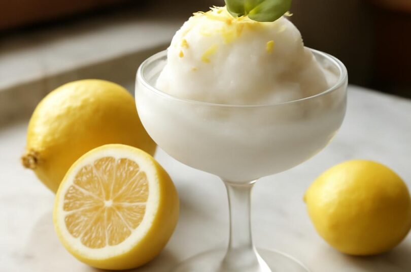 citronove-sorbetto Citronové sorbetto ve vychlazené sklenici s citronovou kůrou a bazalkou