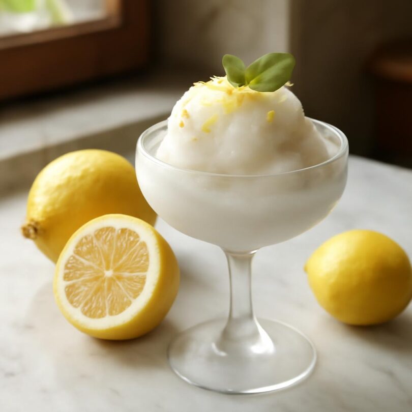 citronove-sorbetto Citronové sorbetto ve vychlazené sklenici s citronovou kůrou a bazalkou