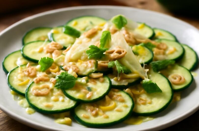 Cuketové carpaccio s citronem a mandlemi Cuketové carpaccio s citronem, mandlemi a parmazánem na bílém talíři