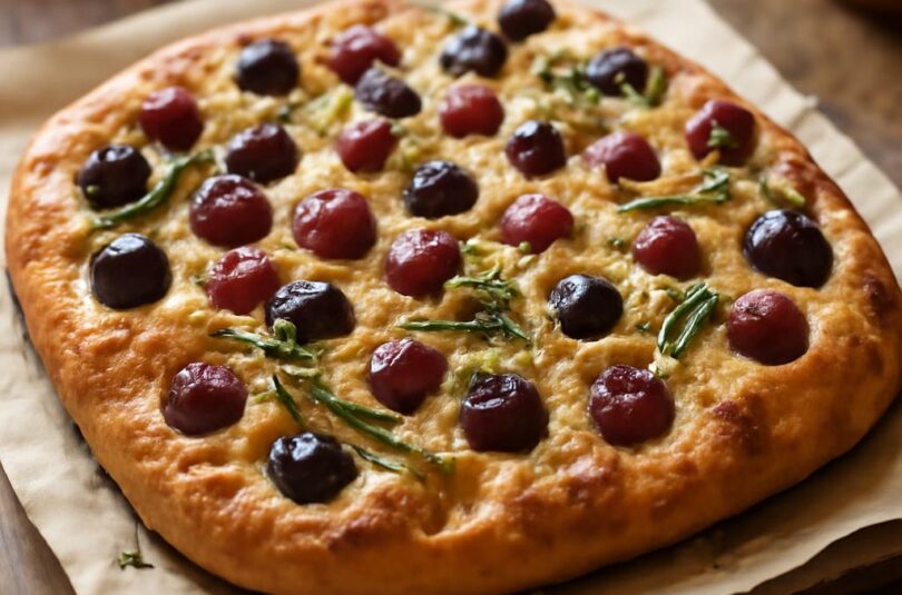 Focaccia s rozmarýnem a hroznovým vínem, zlatá kůrka s olivovým olejem a mořskou solí