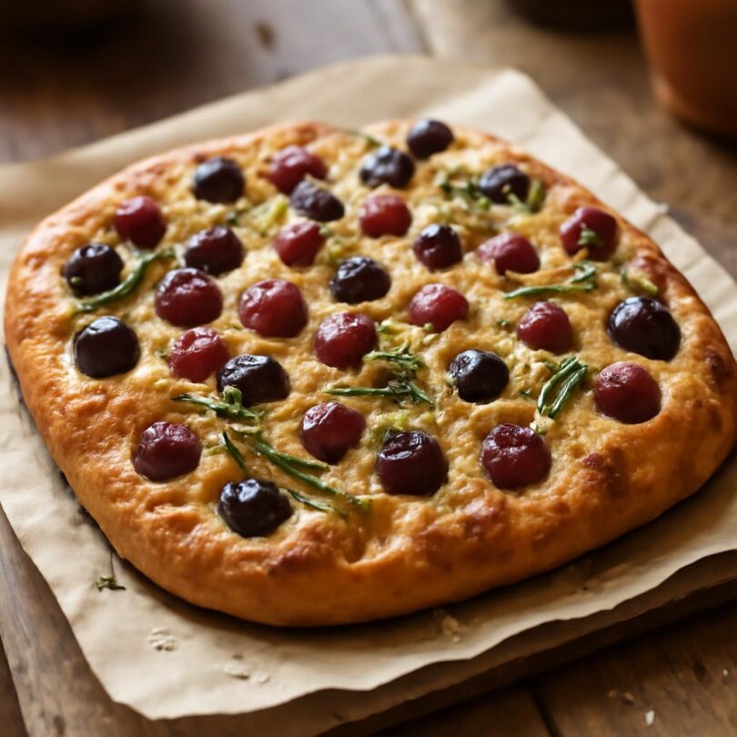 Focaccia s rozmarýnem a hroznovým vínem, zlatá kůrka s olivovým olejem a mořskou solí