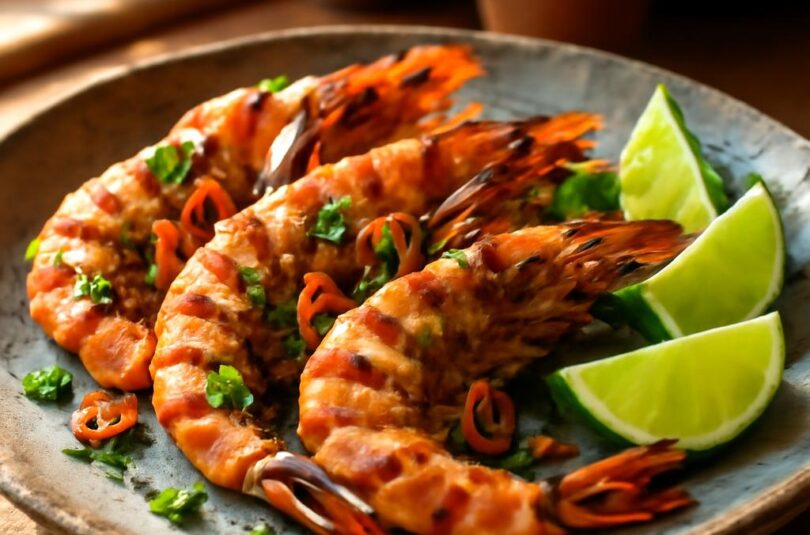 grilovane-krevety-chilli-cesnek-limeta Grilované krevety s chilli, česnekem a limetou na rustikálním talíři
