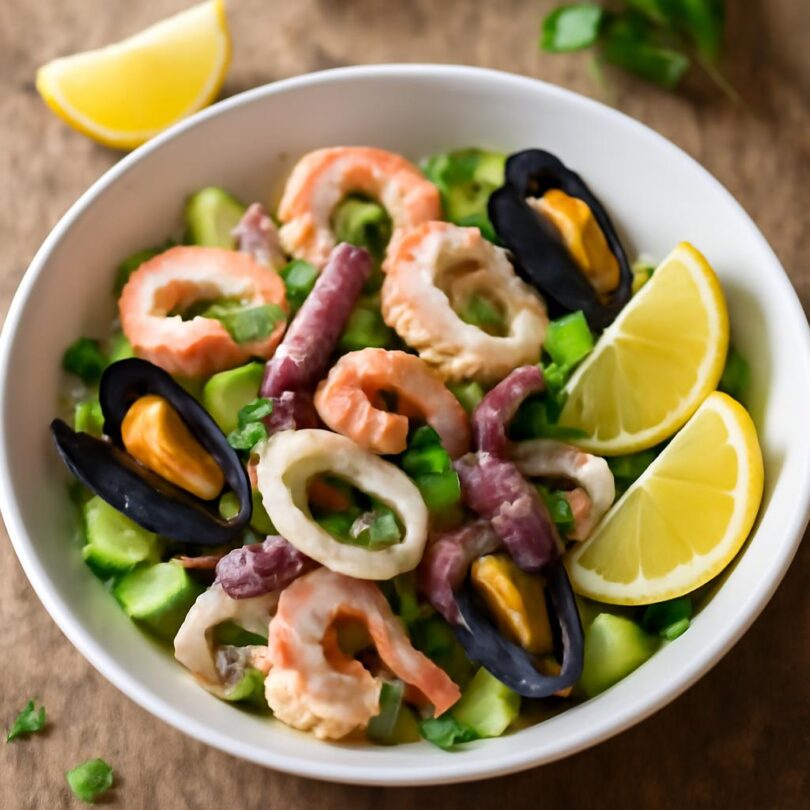 Insalata di mare — salát z mořských plodů Insalata di mare — italský salát z mořských plodů s krevetami, kalamáry a citronem
