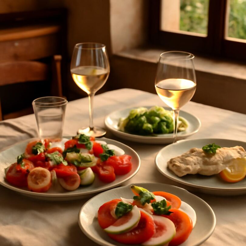 letni-italske-menu-na-konec-leta Letní italské menu na konec léta – prostřený stůl s antipasti, salátem a rybou z grilu