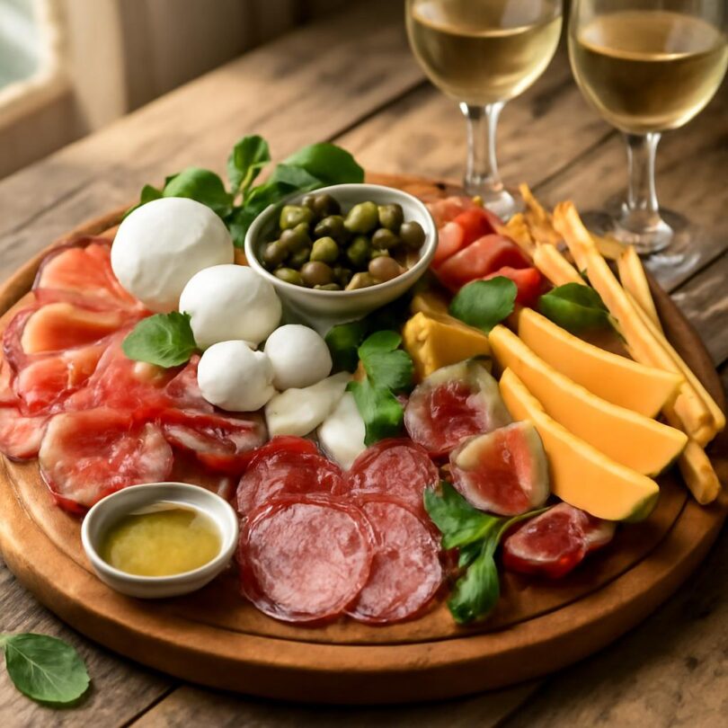 Letní tabule antipasti pro hosty Letní tabule antipasti pro hosty – prkénko s prosciuttem, mozzarellou, olivami a grilovanou zeleninou