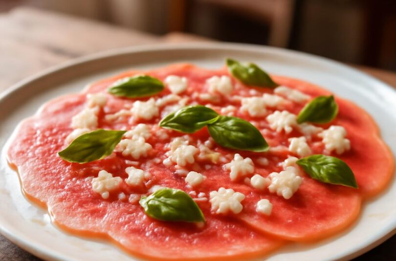melounove-carpaccio-feta-bazalka Melounové carpaccio s fetou a bazalkou na bílém talíři