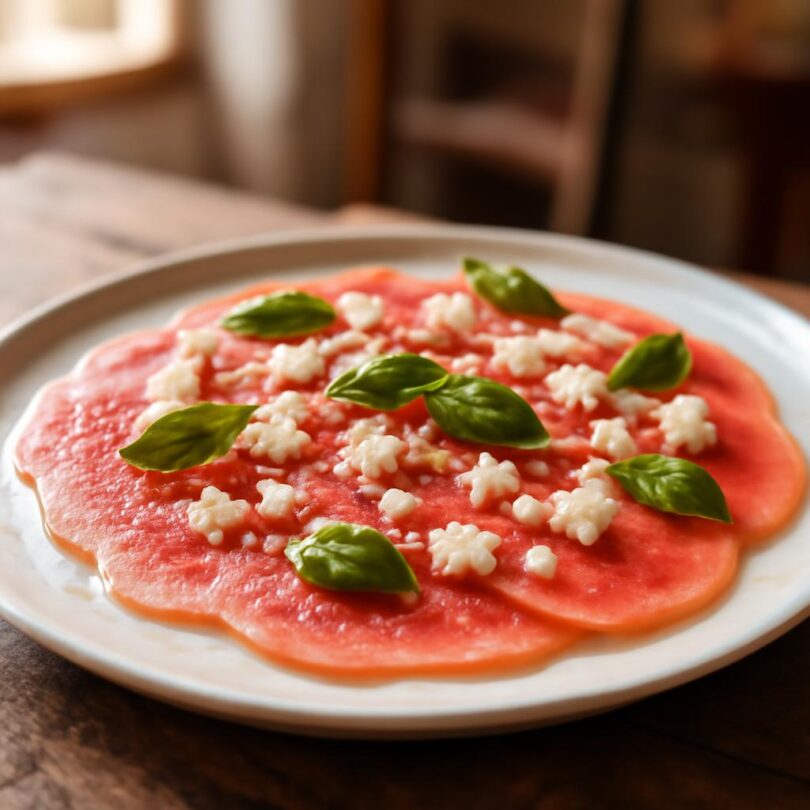 melounove-carpaccio-feta-bazalka Melounové carpaccio s fetou a bazalkou na bílém talíři