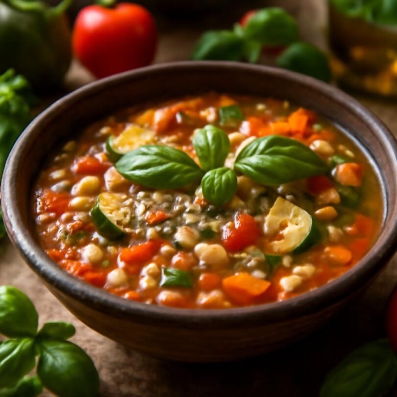 minestrone-na-konec-leta Minestrone na konec léta se sezónní zeleninou v rustikální misce