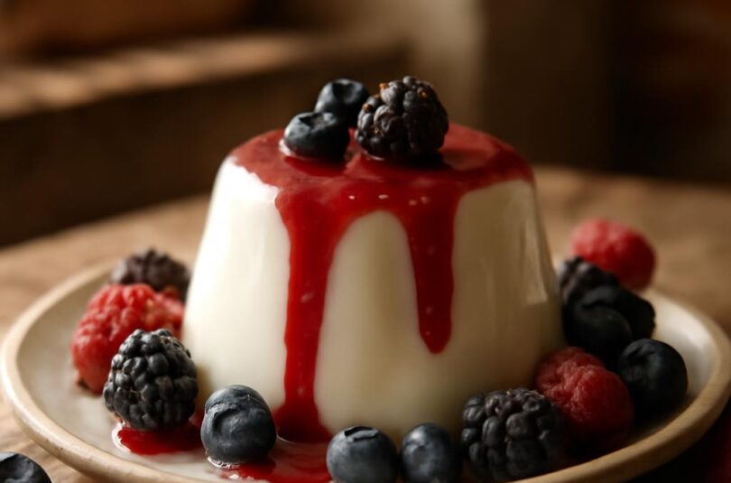 panna-cotta-s-lesnim-ovocem Panna cotta s omáčkou z lesního ovoce na talířku