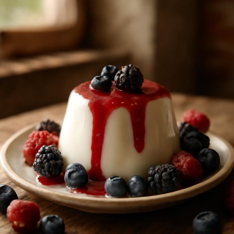 panna-cotta-s-lesnim-ovocem Panna cotta s omáčkou z lesního ovoce na talířku