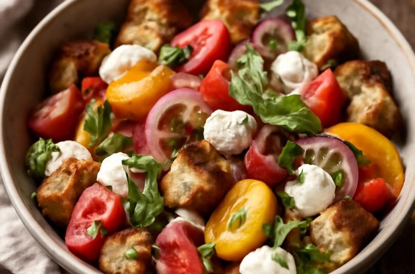 Panzanella s mozzarellou a bazalkou Panzanella s mozzarellou a bazalkou v keramické míse s rajčaty a opečeným chlebem