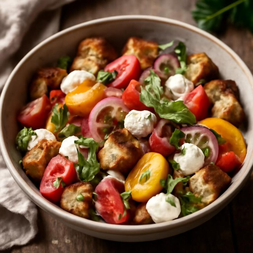 Panzanella s mozzarellou a bazalkou Panzanella s mozzarellou a bazalkou v keramické míse s rajčaty a opečeným chlebem