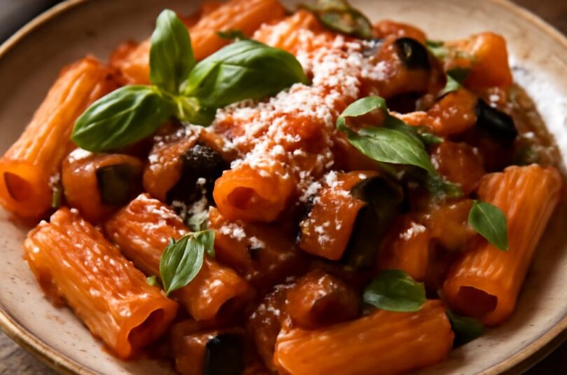 Pasta alla norma s lilkem, rajčatovou omáčkou a slanou ricottou