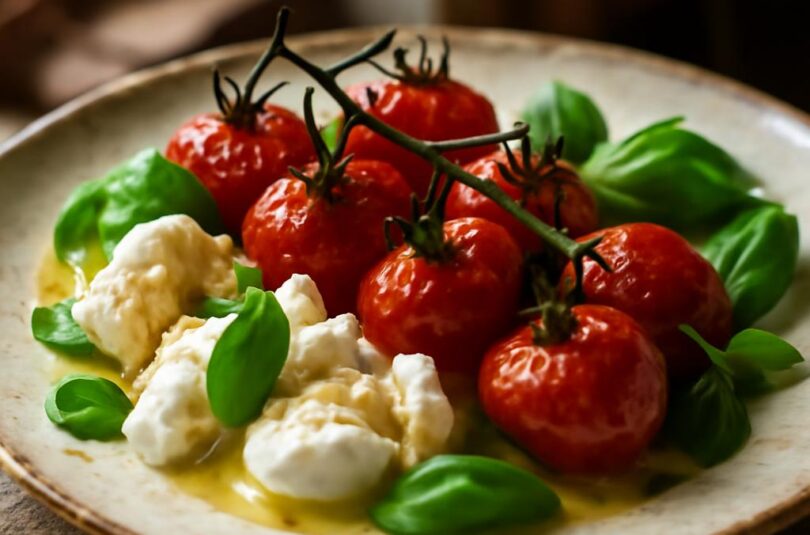 pecena-caprese Caprese s pečenými cherry rajčaty, mozzarellou a bazalkou na rustikálním talíři
