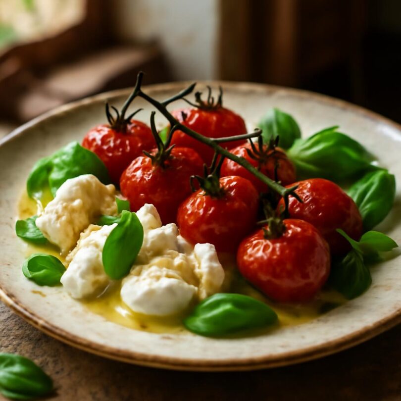 pecena-caprese Caprese s pečenými cherry rajčaty, mozzarellou a bazalkou na rustikálním talíři