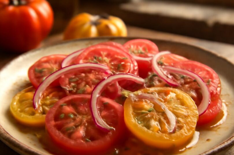 rajcatovy-salat-cibule-oregano Rajčatový salát s cibulí a oreganem na rustikálním talíři
