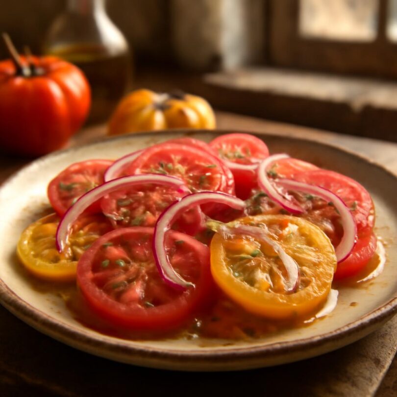 rajcatovy-salat-cibule-oregano Rajčatový salát s cibulí a oreganem na rustikálním talíři