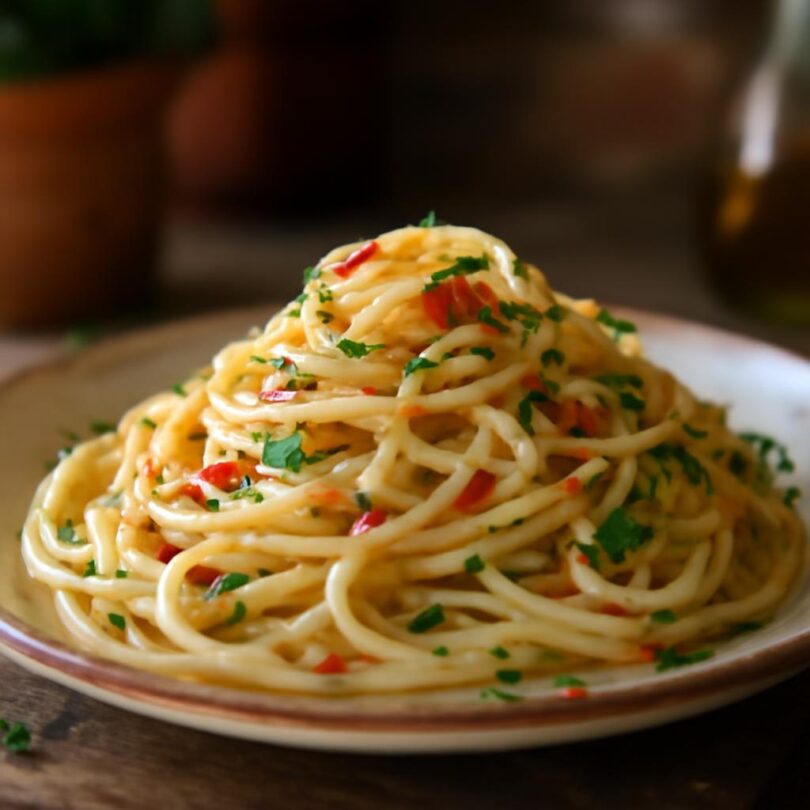 spagety-aglio-e-olio Špagety aglio e olio s česnekem, olivovým olejem a petrželkou