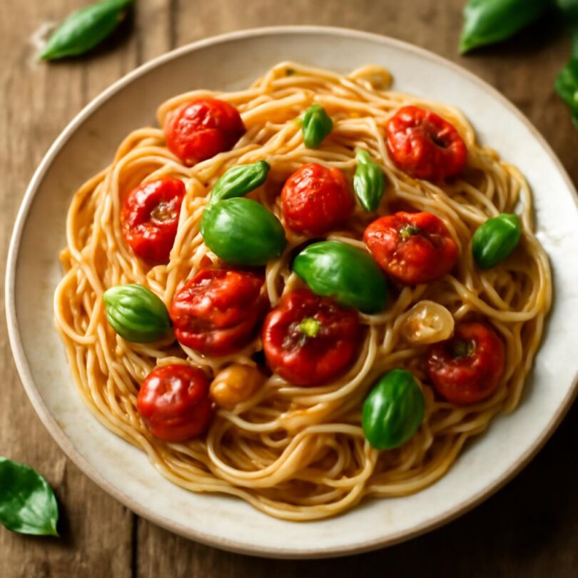 spagety-cherry-rajcata-cesnek Rychlé letní špagety s cherry rajčaty a česnekem na talíři