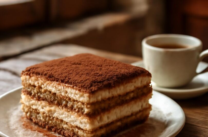 Klasické tiramisu s vrstvami mascarpone a kakaem na talíři