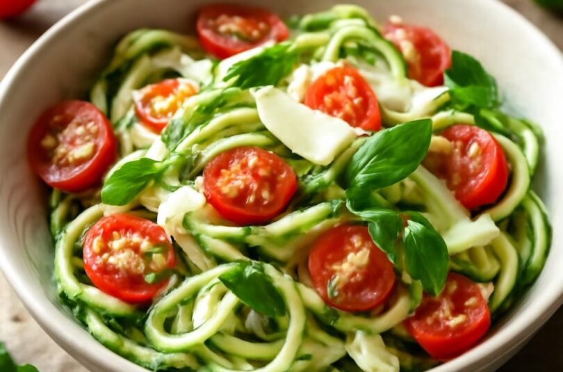 Zoodles – cuketové špagety s cherry rajčaty, bazalkou a parmazánem v misce