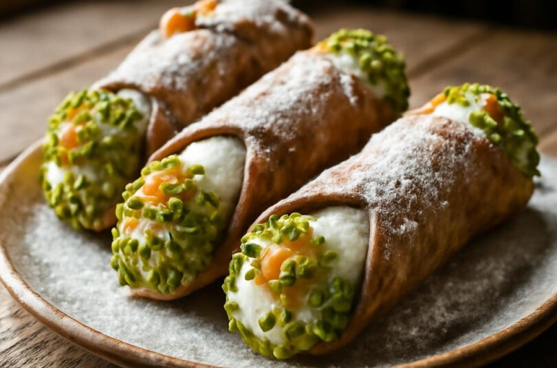 Cannoli: sicilský dezert s ricottou Sicilská cannoli plněná ricottovým krémem, s pistáciemi a moučkovým cukrem na keramickém talíři