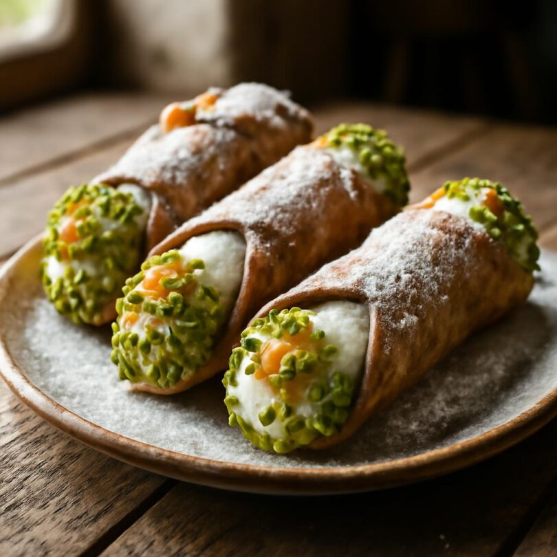 Cannoli: sicilský dezert s ricottou Sicilská cannoli plněná ricottovým krémem, s pistáciemi a moučkovým cukrem na keramickém talíři