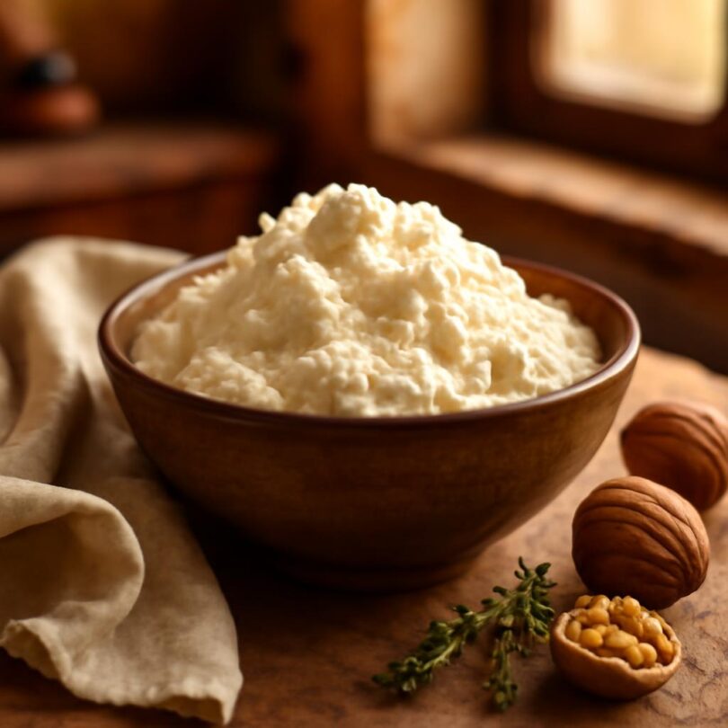 Domácí ricotta v miskce s plátýnkovou látkou na scezení