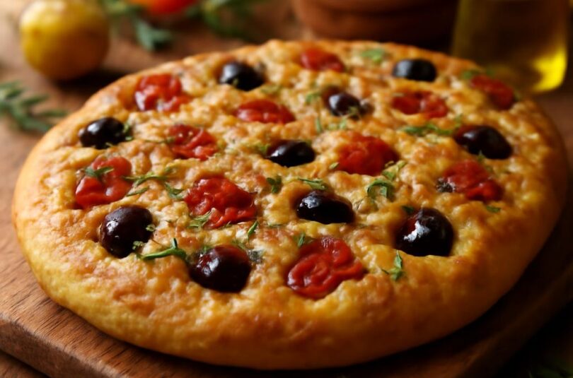 Focaccia se sušenými rajčaty a olivami Focaccia se sušenými rajčaty a olivami
