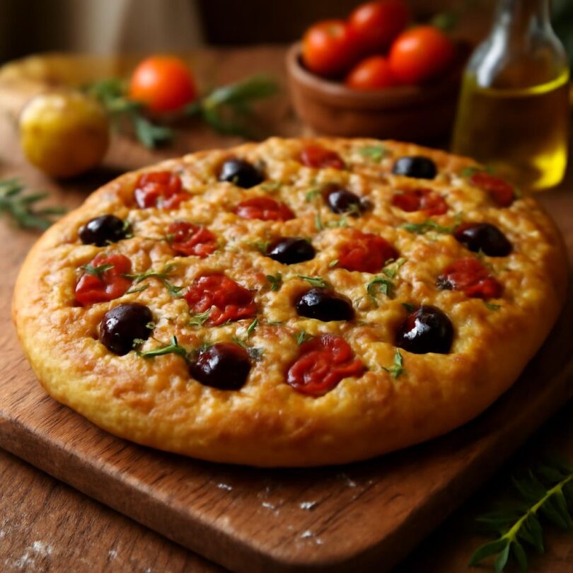 Focaccia se sušenými rajčaty a olivami Focaccia se sušenými rajčaty a olivami