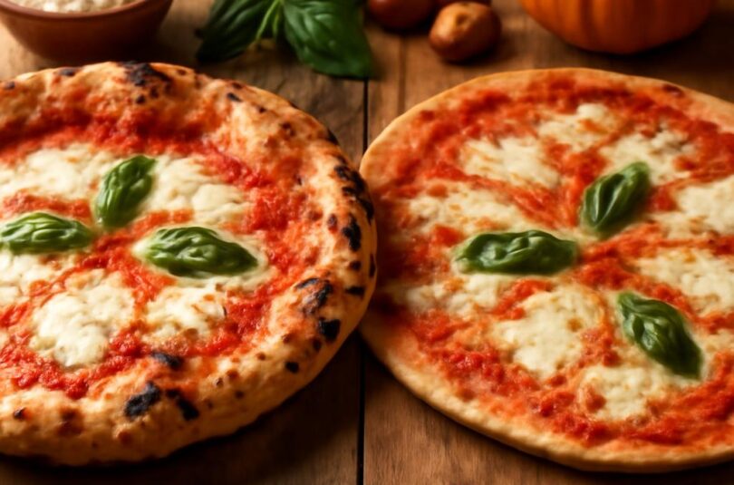 Pizza napoletana s nadýchaným okrajem vedle tenké křupavé římské pizzy