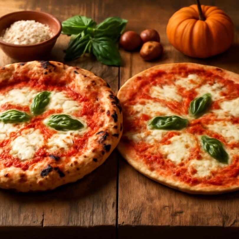 Pizza napoletana vs. římská Pizza napoletana s nadýchaným okrajem vedle tenké křupavé římské pizzy