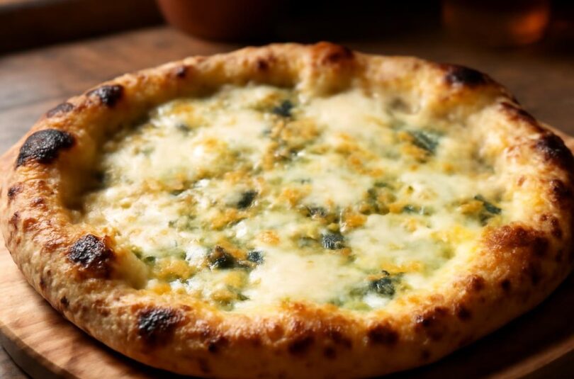 pizza-quattro-formaggi Pizza quattro formaggi se čtyřmi sýry na dřevěném prkénku