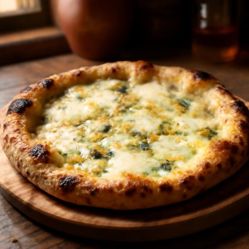 Pizza quattro formaggi se čtyřmi sýry na dřevěném prkénku