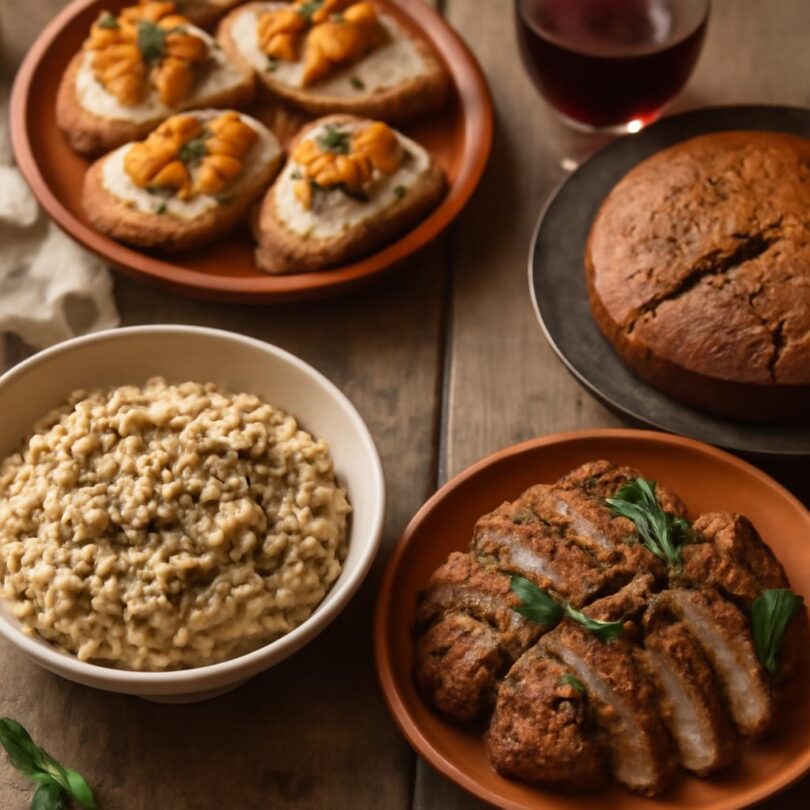 Podzimní italské menu: crostini s dýní, houbové rizoto, maso se šalvějí a kaštanový dezert na rustikálním stole