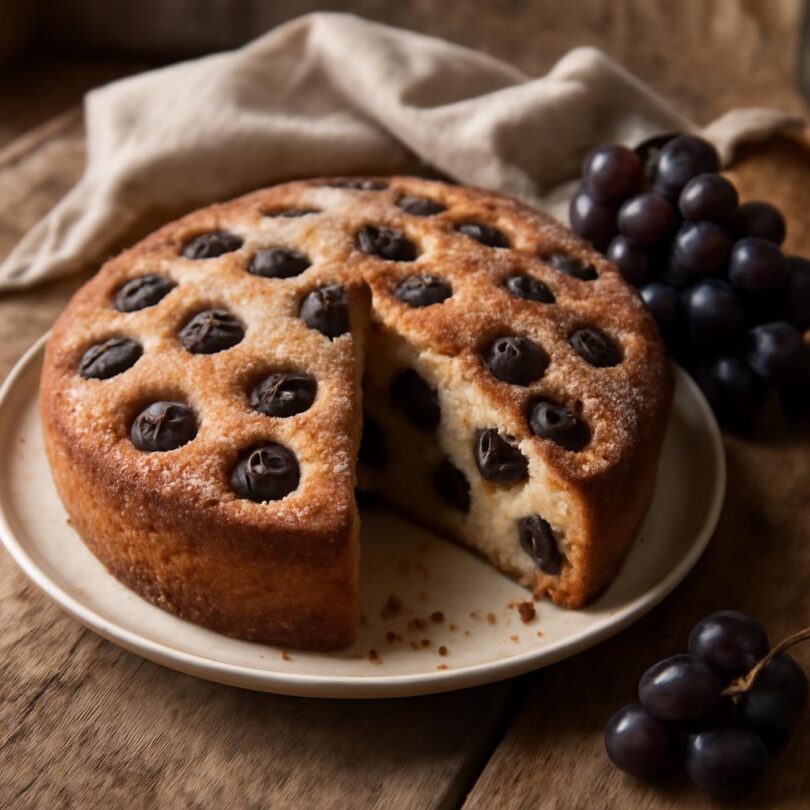 Vinný koláč s hrozny (torta all uva) Vinny kolac s hrozny torta all uva na keramickem talíri s modrymi hrozny