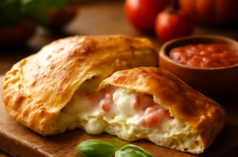 Calzone plněná pizza rozkrojená s mozzarellou a šunkou