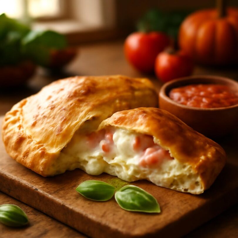 calzone Calzone plněná pizza rozkrojená s mozzarellou a šunkou