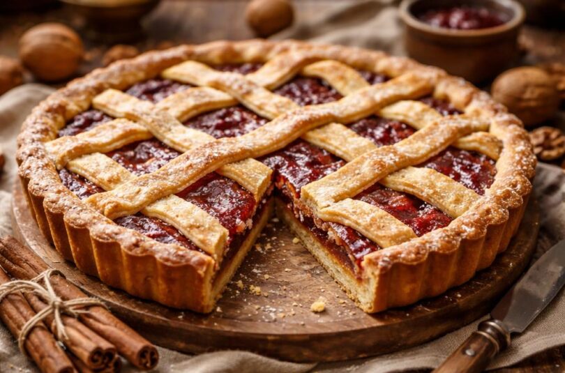 Italská crostata di marmellata s mřížkou z těsta a červeným džemem