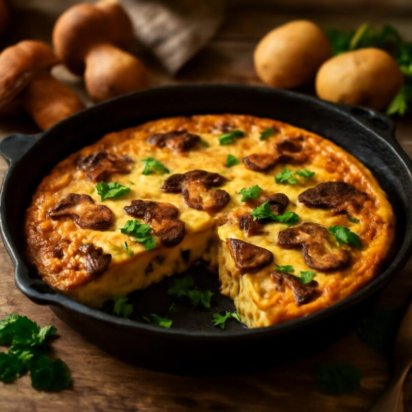 frittata-houby-brambory Frittata s houbami a bramborami na litinové pánvi