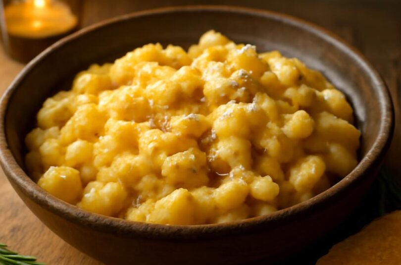 Miska neapolských těstovin pasta e patate s bramborami a uzenou provolou