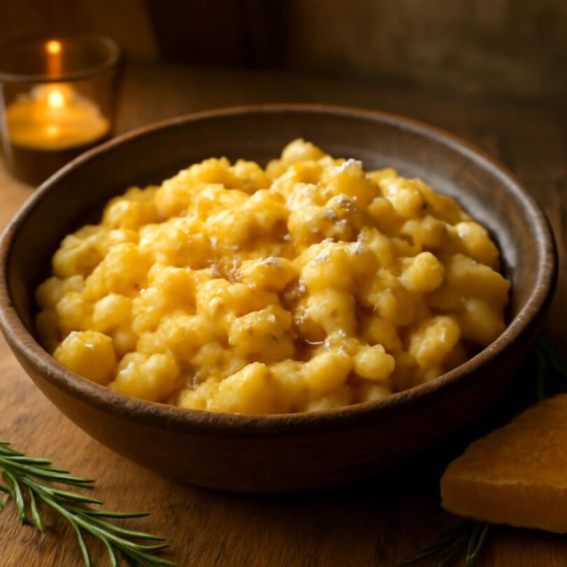 Pasta e patate: neapolské těstoviny s bramborami Miska neapolských těstovin pasta e patate s bramborami a uzenou provolou