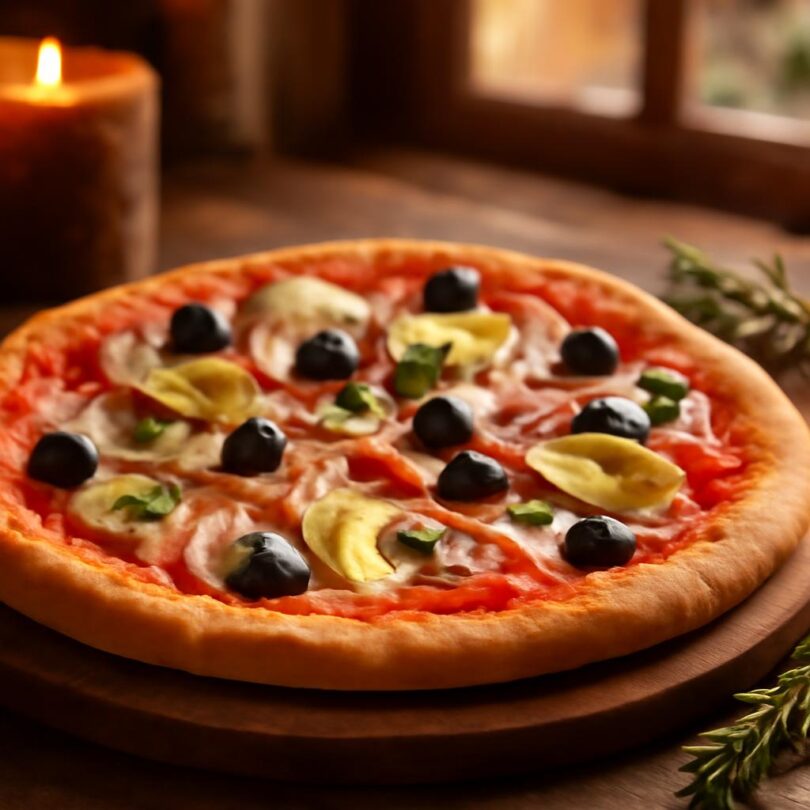 Pizza capricciosa Domácí pizza capricciosa s artyčoky, šunkou, olivami a žampiony na dřevěném prkně