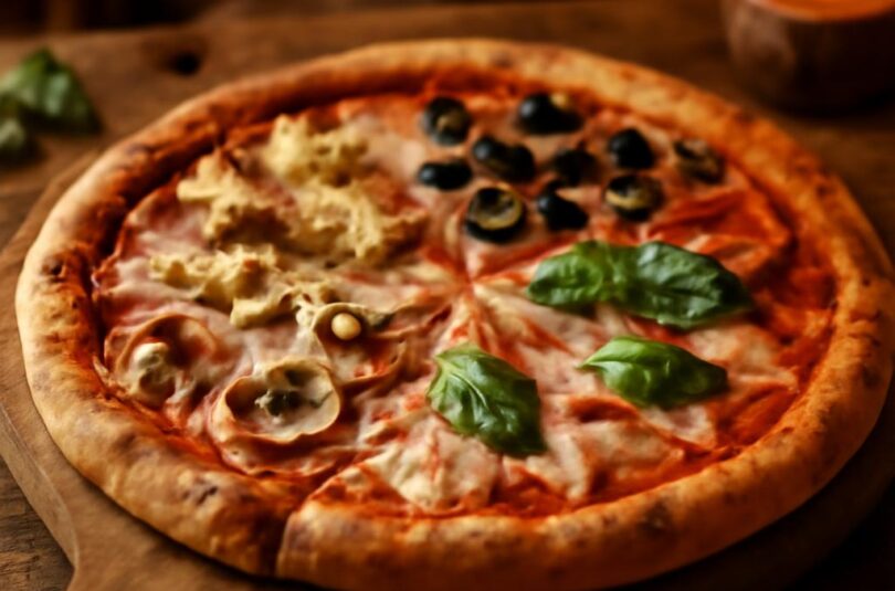 Pizza quattro stagioni: čtvero ročních období Pizza quattro stagioni rozdělená na čtvrtiny s artyčoky, olivami, houbami a šunkou