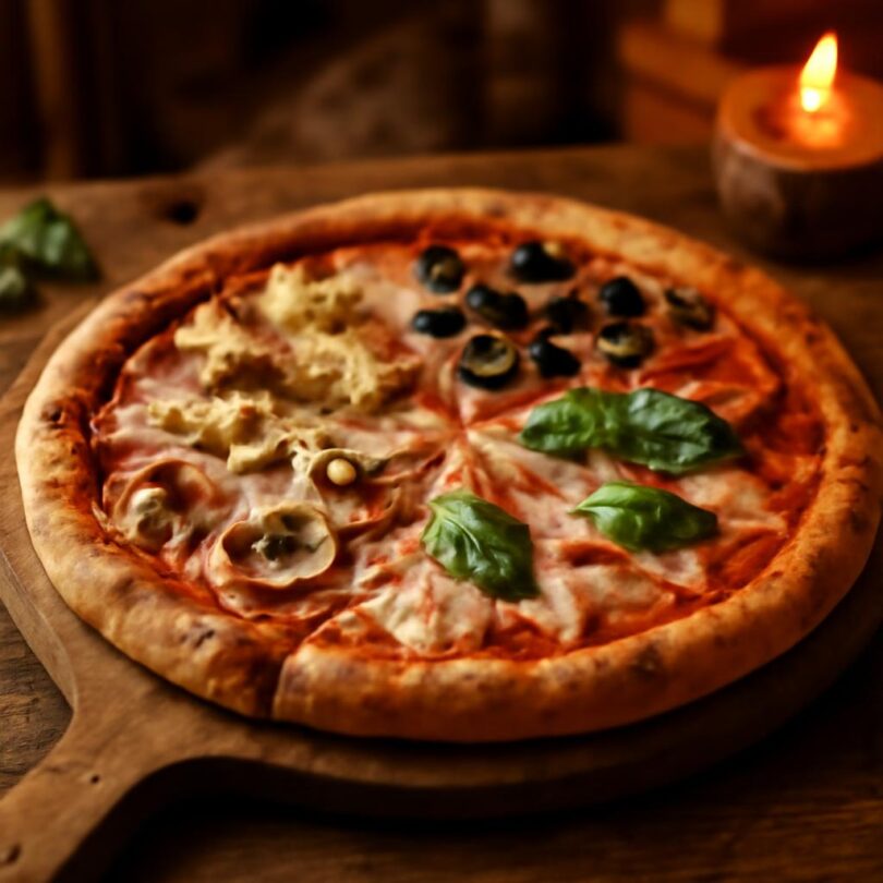 Pizza quattro stagioni: čtvero ročních období Pizza quattro stagioni rozdělená na čtvrtiny s artyčoky, olivami, houbami a šunkou