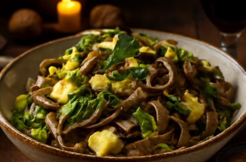 Pizzoccheri della Valtellina s pohankovými těstovinami, zelím, bramborami a sýrem Casera