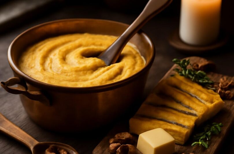polenta-zaklad-severni-kuchyne Krémová polenta v měděném hrnci s dřevěnou vařečkou a krájenou grilovanou polentou
