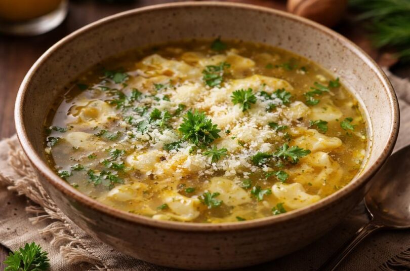 Stracciatella alla romana: vaječná polévka na vývaru Římská polévka stracciatella s vaječnými vločkami a parmazánem v rustikální misce