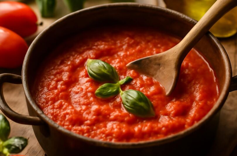 Domácí rajčatová omáčka sugo al pomodoro s bazalkou v hrnci