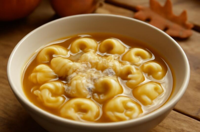 Tortellini in brodo v bílé misce se zlatým vývarem a parmazánem